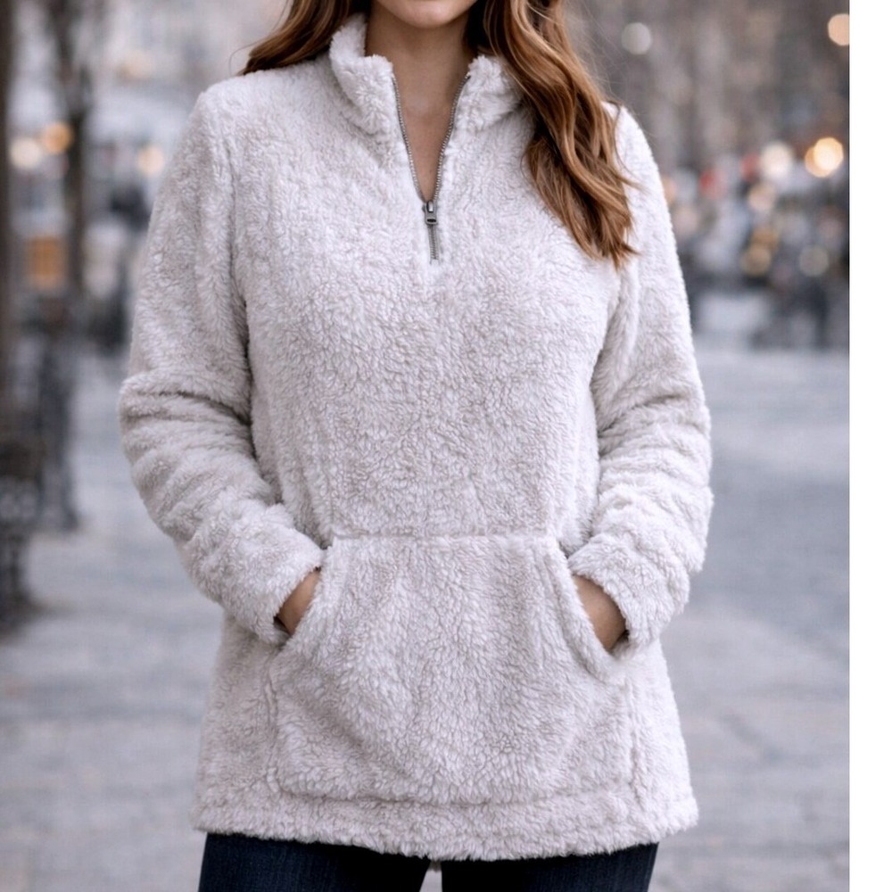 Natural Reflections Sherpa Fleece Pullover 1/4 Zip Ivory White Womens Size XL